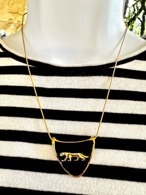 Vintage Gold-Tone Panther Shield Pendant Necklace in Black and Gold